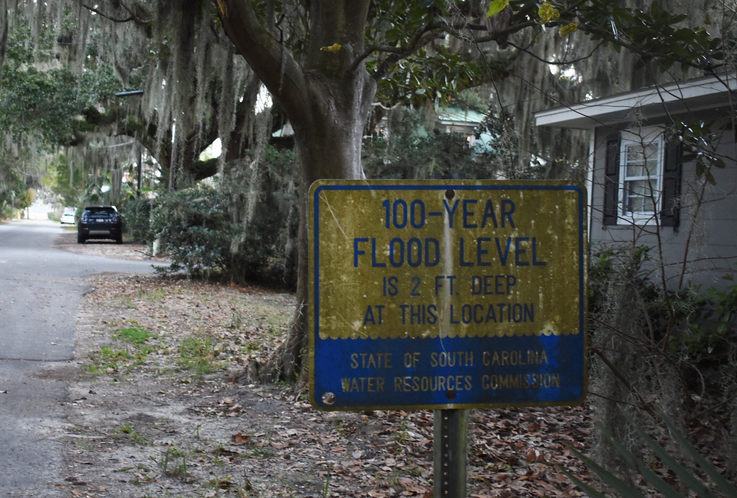 A flood level sign in a neighborhood of Beaufort called the Point