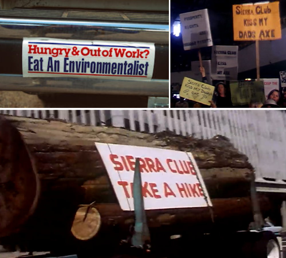 A montage of posters and bumper stickers each depicting anti-environmentalist slogans.slogans