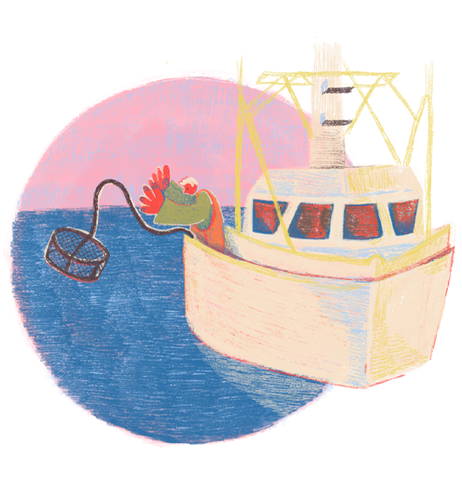 An illustration showing a crab fisherman chuck a "crab pot" off the side of his boat.